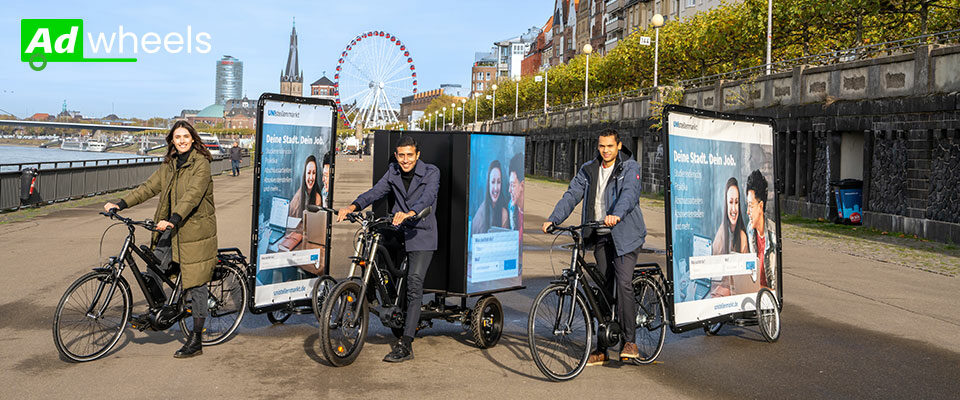 Mit der großen Fahrradflotte von Ad-Wheels haben Sie alle Möglichkeiten für aufmerksamkeitsstarke Fahrradwerbung in Ihrer Stadt