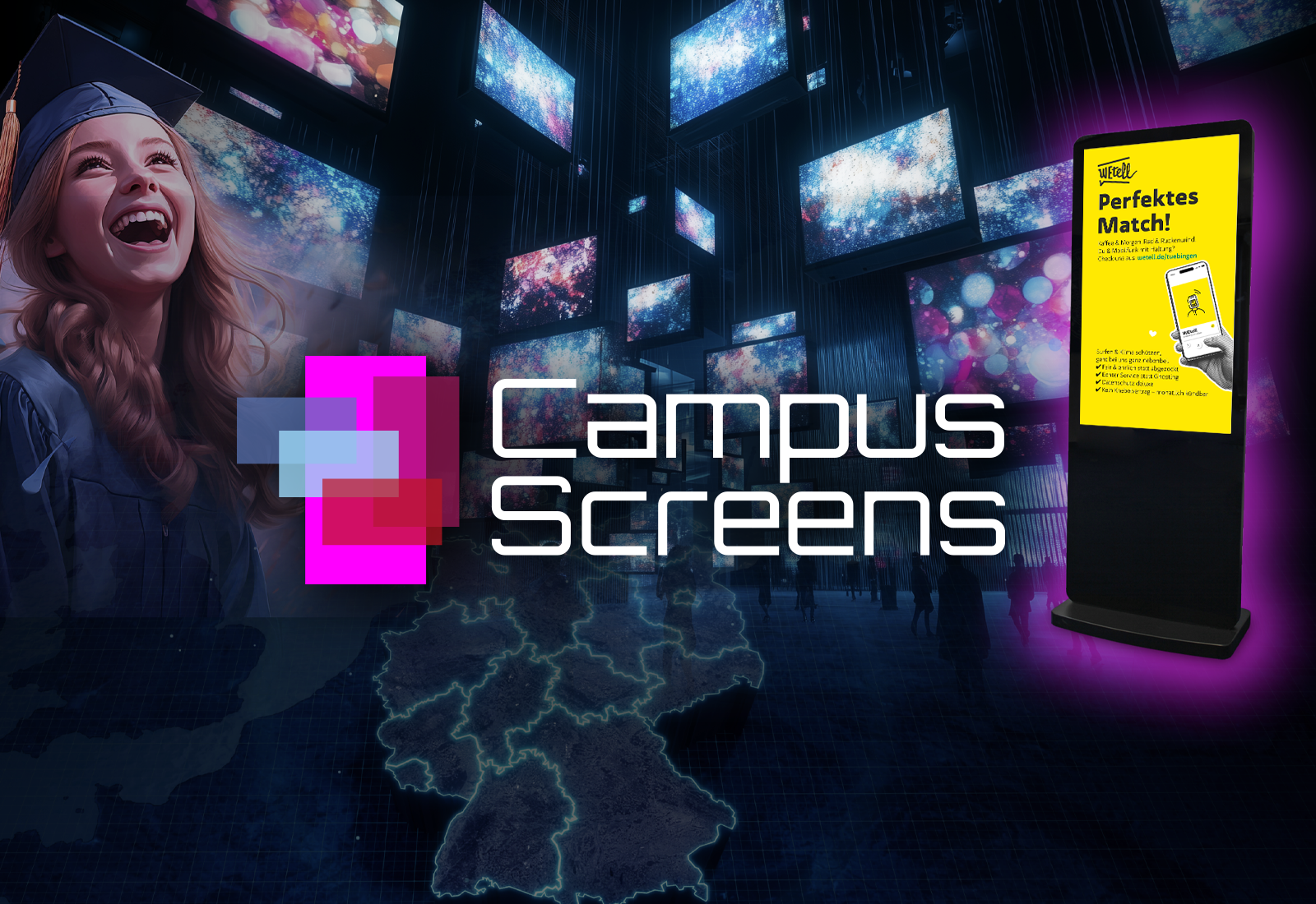 Deutsche Hochschulwerbung is the operator of the Campus Screens, the largest uniform DOOH network in the German higher education landscape