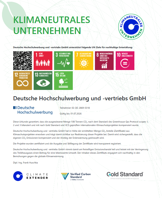 Urkunde &uuml;ber die Klimaneutralit&auml;t durch Kompensation der Deutsche Hochschulwerbung