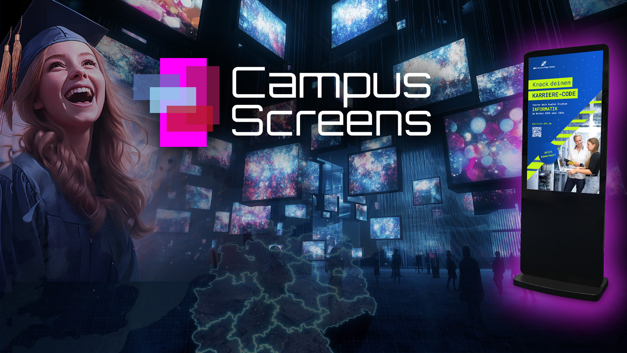 Die Campus Screens sind das gr&ouml;&szlig;te pDOOH-Netz an Hochschulen