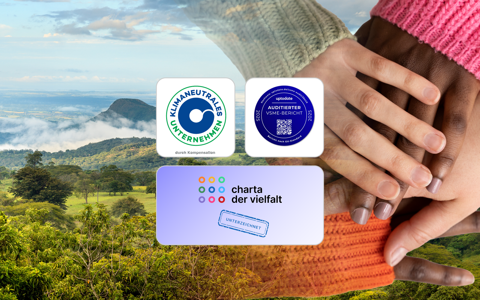 Das Bild zeigt beispielhafte Auszeichnung und Siegel, die die Deutsche Hochschulwerbung im Beriech Verantwortung erlangt hat