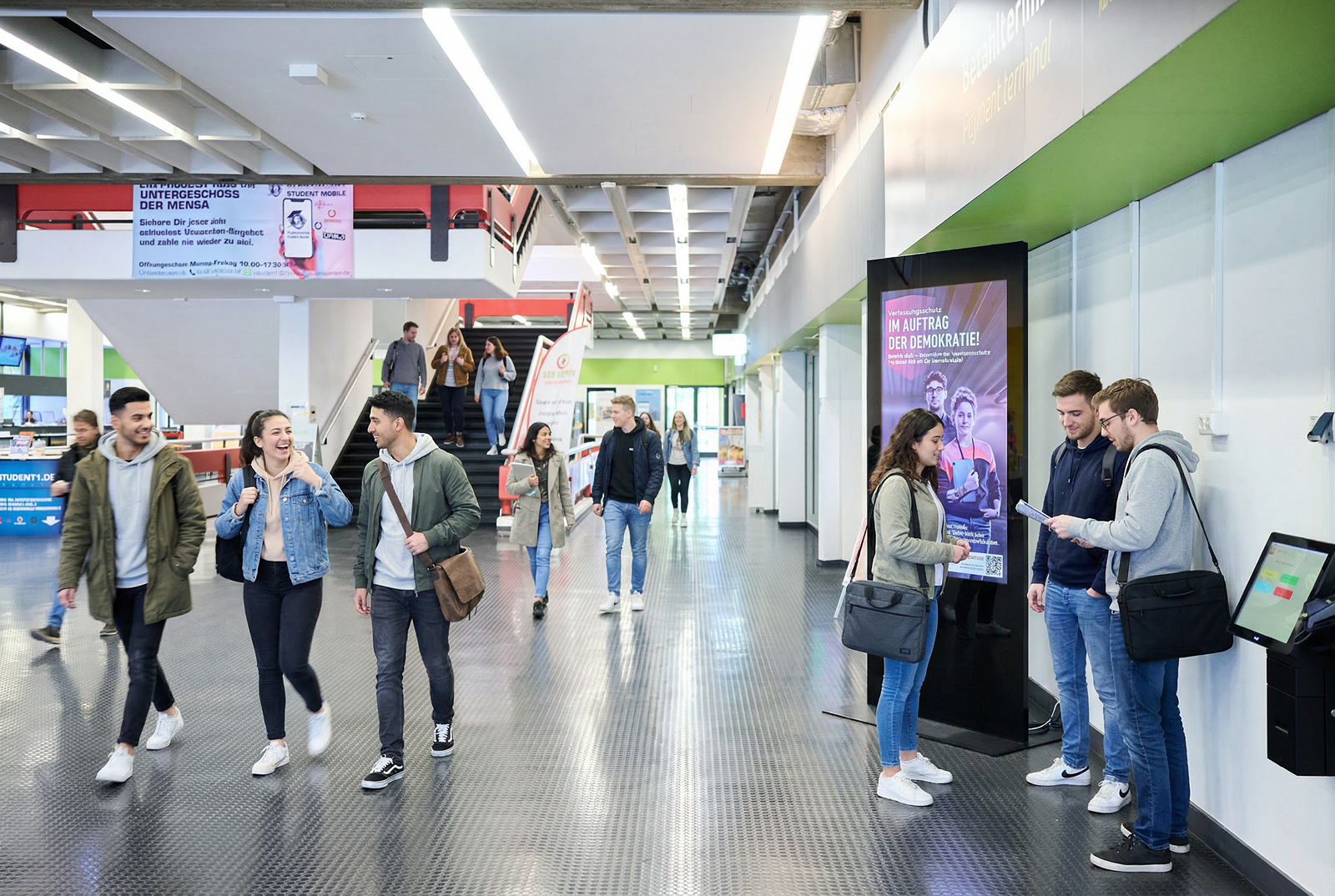 Studierende passieren die DOOH Stele an der Universität zu Kölln